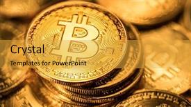  Presentation with blockchain technology - Slide deck featuring private banking - shiny physical bitcoins blockchain technology background and a yellow colored foreground