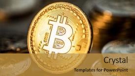  Presentation with blockchain technology - Audience pleasing PPT theme consisting of private banking - shiny physical bitcoins blockchain technology backdrop and a gold colored foreground