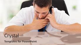  Presentation with company - Audience pleasing slide deck consisting of office worker making a private call with a company phone backdrop and a coral colored foreground