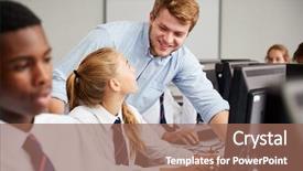  Presentation with teenage - PPT theme featuring secondary school lesson - teenage students wearing uniform studying background and a coral colored foreground