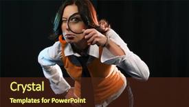  Presentation with detective magnifying glass - Presentation theme having private investigators - young woman holding magnifying glass background and a tawny brown colored foreground