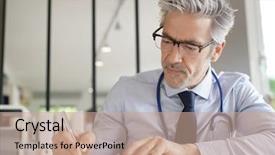  Presentation with doctor office call center - Presentation featuring private plans - mature doctor working in contemporary background and a  colored foreground