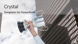  Presentation with prize - Slide set having prize day - business hand with trophy background and a  colored foreground