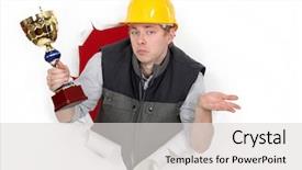  Presentation with trophy - Slide set consisting of prize day - construction worker holding a trophy background and a light gray colored foreground