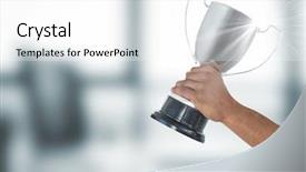  Presentation with trophy award hand holding - Amazing slides having prize day - hand holding trophy against defocused backdrop and a white colored foreground