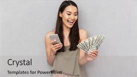  Presentation with mobile money - Beautiful PPT layouts featuring portrait of a cheerful asian woman holding money banknotes and using mobile phone isolated over gray background backdrop and a light gray colored foreground