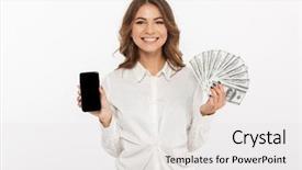  Presentation with mobile money - PPT layouts consisting of young business woman holding money background and a light gray colored foreground