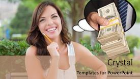  Presentation with prize - Amazing PPT theme having prize giving - thoughtful young woman with hand backdrop and a coral colored foreground