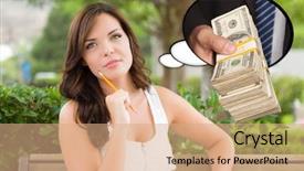  Presentation with prize - Presentation theme consisting of prize giving - thoughtful young woman with hand background and a coral colored foreground