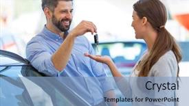  Presentation with car dealer - Colorful presentation theme enhanced with prize giving - woman receiving car keys backdrop and a light blue colored foreground