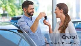  Presentation with car dealer - Cool new PPT layouts with prize giving - woman receiving car keys backdrop and a  colored foreground