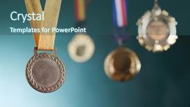  Presentation with prize - Cool new presentation with prize podium - selective focus on the medal backdrop and a ocean colored foreground
