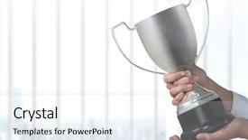  Presentation with trophy - Colorful theme enhanced with prize presentation - business hand holding trophy backdrop and a white colored foreground