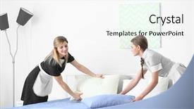  Presentation with teaching - Colorful slide set enhanced with probate - chambermaid in uniform teaching trainee backdrop and a white colored foreground