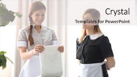  Presentation with probate - Beautiful PPT layouts featuring probate - chambermaid in uniform teaching trainee backdrop and a light gray colored foreground
