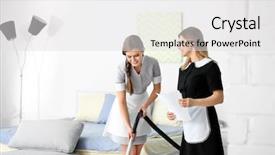  Presentation with teaching financial analysis - Beautiful theme featuring probate - chambermaid in uniform teaching trainee backdrop and a light gray colored foreground