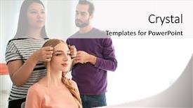  Presentation with apprenticeship - Beautiful PPT theme featuring probate - professional hairdresser and trainee working backdrop and a  colored foreground
