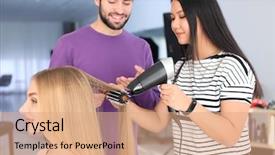  Presentation with apprenticeship - Colorful theme enhanced with probate - professional hairdresser and trainee working backdrop and a  colored foreground