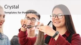  Presentation with apprenticeship - Slide set consisting of probate - professional hairdresser and trainees working background and a  colored foreground