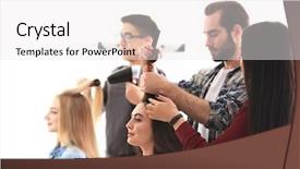  Presentation with professional - Slide set enhanced with probate - professional hairdresser and trainees working background and a white colored foreground