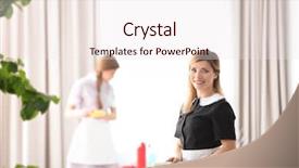  Presentation with working - Colorful PPT theme enhanced with probate - young chambermaid in uniform working backdrop and a sky blue colored foreground