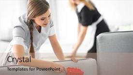  Presentation with probate - Colorful slide deck enhanced with probate - young chambermaid in uniform working backdrop and a coral colored foreground