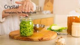 Presentation with kimchi - PPT theme consisting of probiotic - preparing fermented preserved vegetables jars background and a coral colored foreground