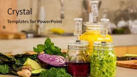  Presentation with kimchi - PPT theme enhanced with probiotic - preparing fermented preserved vegetables jars background and a coral colored foreground