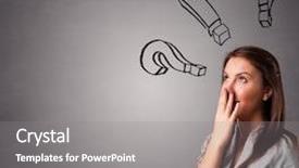  Presentation with questions question marks idea - Colorful presentation enhanced with probl mes - beautiful young lady thinking backdrop and a gray colored foreground