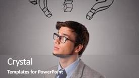  Presentation with 3d man sitting question mark - Slide deck having probl mes - young man standing and thinking background and a gray colored foreground