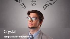  Presentation with 3d man sitting question mark - Presentation design featuring probl mes - young man standing and thinking background and a gray colored foreground