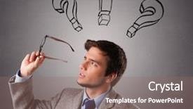  Presentation with 3d man sitting question mark - Slide deck consisting of probl mes - young man standing and thinking background and a coral colored foreground