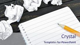  Presentation with notepad - Presentation theme with problem list - empty notepad on wooden table background and a sky blue colored foreground