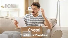  Presentation with mobil home park - Beautiful presentation design featuring problem list - young man unpacking parcel backdrop and a coral colored foreground