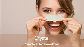  Presentation with nose - Presentation with problem resolution - happy woman using nose applicator background and a coral colored foreground