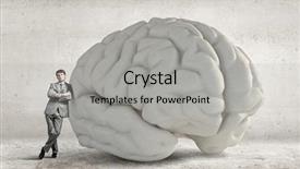  Presentation with 3d brain model - PPT layouts enhanced with problem solver - young businessman leaning on big background and a light gray colored foreground