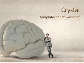  Presentation with brain - Beautiful slide deck featuring problem solver - young businessman leaning on big backdrop and a lemonade colored foreground