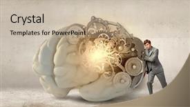  Presentation with brain - PPT layouts with problem solver - young businessman leaning on big background and a mint green colored foreground