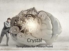  Presentation with brain - Cool new PPT layouts with problem solver - young businessman leaning on big backdrop and a light gray colored foreground