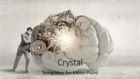  Presentation with brain - Cool new PPT layouts with problem solver - young businessman leaning on big backdrop and a light gray colored foreground