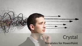  Presentation with thoughts - Slide deck consisting of problem solving decision making - thoughtful businessman with arrows background and a  colored foreground