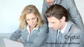  Presentation with decision making - Beautiful presentation theme featuring problem solving decision making - three executives examining laptop computer backdrop and a light blue colored foreground