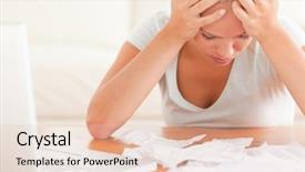  Presentation with problem statement - Cool new slides with problem statement - despaired blond woman accounting backdrop and a lemonade colored foreground