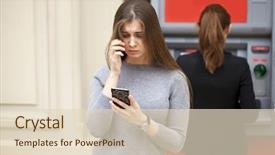  Presentation with atm - Presentation design consisting of problem statement - frustrated young woman stands background and a lemonade colored foreground