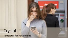  Presentation with atm - Theme having problem statement - frustrated young woman stands background and a soft green colored foreground