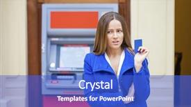  Presentation with atm - PPT layouts with problem statement - frustrated young woman stands background and a cobalt blue colored foreground