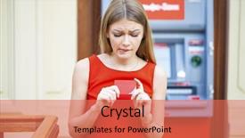  Presentation with atm - Beautiful PPT theme featuring problem statement - frustrated young woman stands backdrop and a  colored foreground