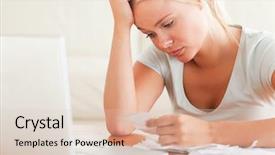  Presentation with living room - Slide deck consisting of problem statement - stressed blond woman doing paperwork background and a lemonade colored foreground