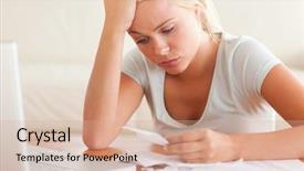  Presentation with problem statement - PPT theme consisting of problem statement - worn out woman accounting background and a coral colored foreground