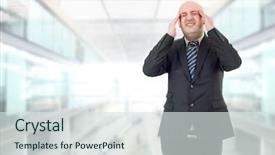  Presentation with flouride treatmnt in the dental office - Slide deck consisting of problematic - businessman in a suit gestures background and a  colored foreground